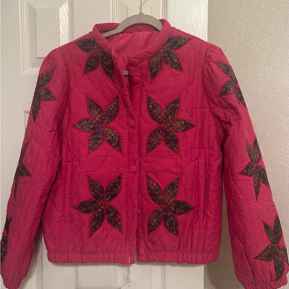 Stylish quilted Pink cropped Jacket with flower embroidered accents and pockets